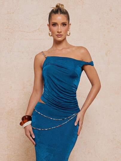 Lumalex Set elegant de 2 piese pentru femei, cu top asimetric și fustă cu tiv tip sirenă, pentru petrecere