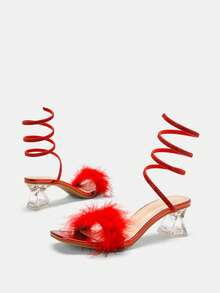Dammode Glänsande Metalliska Röda Spiralrem Kristallprydd Spetsig Tå 5,5 cm/2,2 tum Högklackade Festsandaler, Vår Sommarkläder - Röd - Visa 7