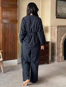 DAZY 3pcs Plaid Robe, Camisole & Pants Women Sleepwear Set - Navy Blue - View 2