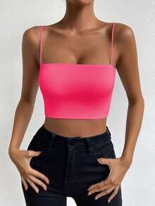 Chiquease Fluorescent Red Color Offthe Shoulder Sleeveless Basic Top, Top,Elevated Elegance Top,Streetwear,Women Birthday Top,Sparkly Top,Concert Top,Club Top,Date Night Top,Basic Top,Going Out Top,Casual Knit Top,Y2K ,Vitamin Colors,Tops For Women Summer Cute,Crop Tops For Women,Cami Tops For Women,Women's Tops For Summer - Pink - View 3