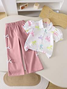 SHEIN Genkimix Kids 女童蝴蝶結印花泡泡袖上衣與長褲休閒兩件套 - 粉色 - 查看 1