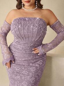 Plus Size Beaded Lace Off Shoulder Elegant Evening Dress - Purple - View 3