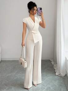 Elenzga 女士休闲优雅两件套，采用不对称交叉领、泡泡袖、收腰A字下摆上衣和松紧腰长裤设计，适合通勤、度假、下午茶、派对以及春秋冬季穿着。 - 杏色 - 查看 3