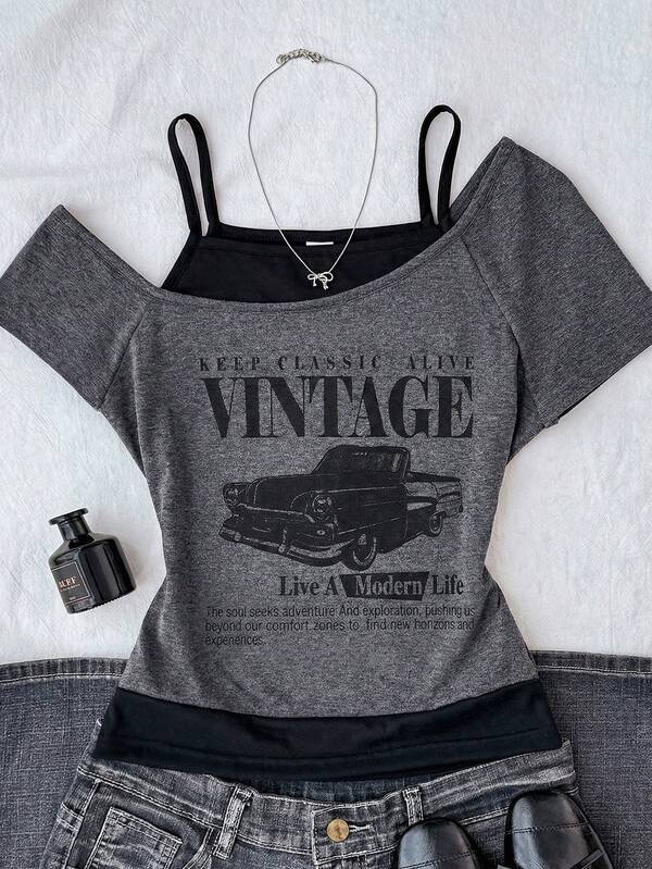 Teen Girls Casual Y2K Style Black & Gray Car Graphic Ruched Tie Front Cropped Top