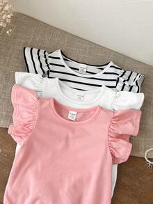 SHEIN LMoss Kids LMoss 3pcs Newborn Baby Girl Cute Summer Knitted Striped Ruffle Bodysuit Set - Multicolor - View 6