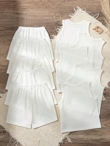 SHEIN Vintaside Kids 10件套男/女婴夏季套装，黑色、白色、灰色、蓝色、灰绿色纯色圆领背心上衣搭配宽松短裤，简约风格，适合外出和玩耍，男女宝宝通用款。 - 白色 - 查看 2
