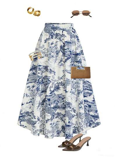 Qadelle 女士 A 字印花裙，优雅适合度假、工作和日常生活