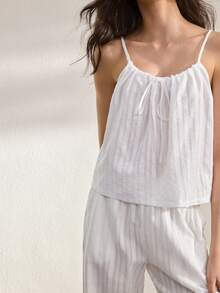 Ocili Quần dài rộng rãi, thoải mái, kiểu bohemian, chất liệu cotton mềm mại, có dây rút, thích hợp cho mùa thu. Bộ đồ ngủ nữ mùa thu thoải mái và thanh lịch này có dây rút. - trắng - Xem 3
