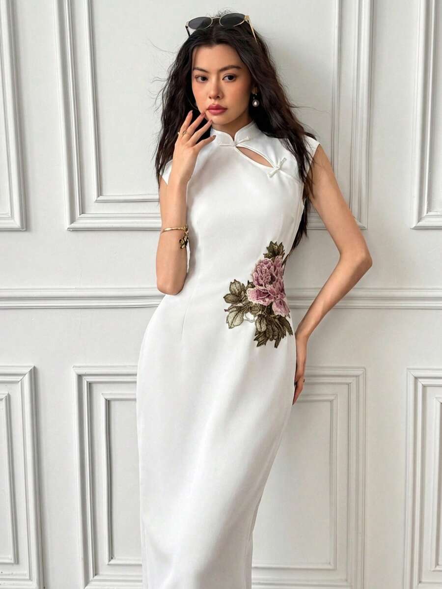 EastFlair Đầm dài thêu hoa thanh lịch dành cho nữ, thích hợp cho mùa hè. - trắng - Xem 1