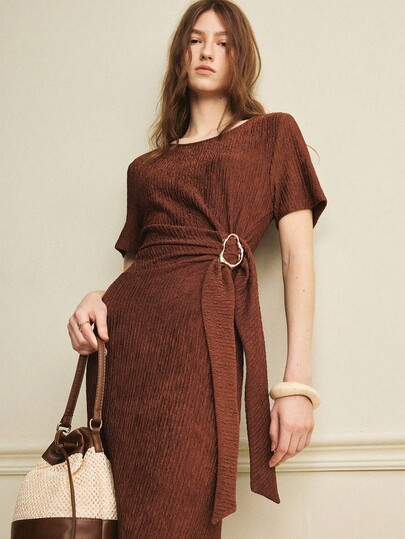 Écloséra Vintage French Elegant Textured Casual Dress, Short Sleeve Summer Dress, Outdoor Dress, Bow Tie Metal Decor Dress