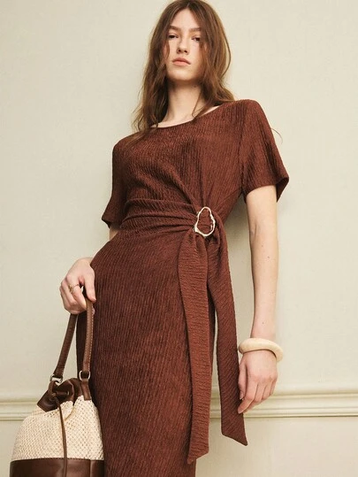 Écloséra Vintage French Elegant Textured Casual Dress, Short Sleeve Summer Dress, Outdoor Dress, Bow Tie Metal Decor Dress