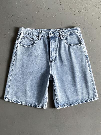 EGENSIO 男性斜口袋夏季寬鬆直筒牛仔短褲，宽松阔腿牛仔热裤，純色海軍藍色，適用於出門基本款