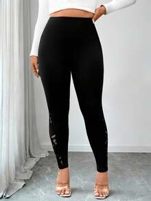 Elenzga Plus Size Solid Color Lace Patchwork High Waist Leggings - Black - View 6