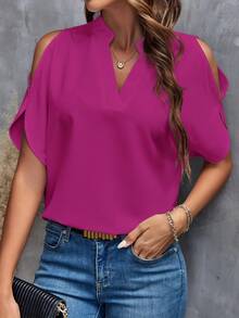 SHEIN Clasi Solid Cold Shoulder Split Sleeve Blouse White Shirt,Summer Top - Red Violet - View 5