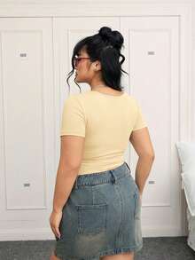 CovetEZ Apricot Plus Size Women Ruched Fitted Short Sleeve T-Shirt - Apricot - View 2