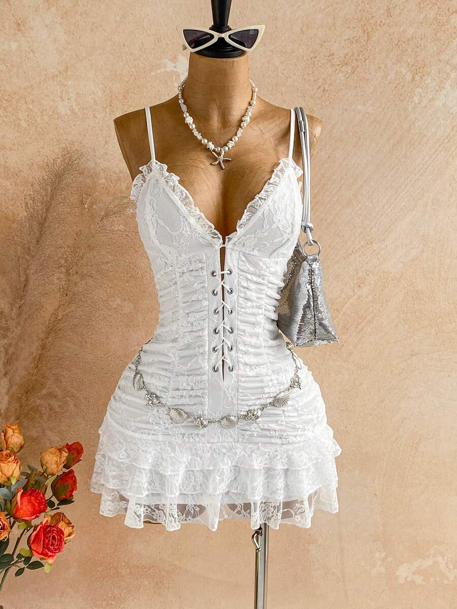 Soleia Đầm mini ren trắng, thích hợp cho kỳ nghỉ, hẹn hò, phong cách tối giản gợi cảm, mùa thu/đông. - Màu be - Xem 1