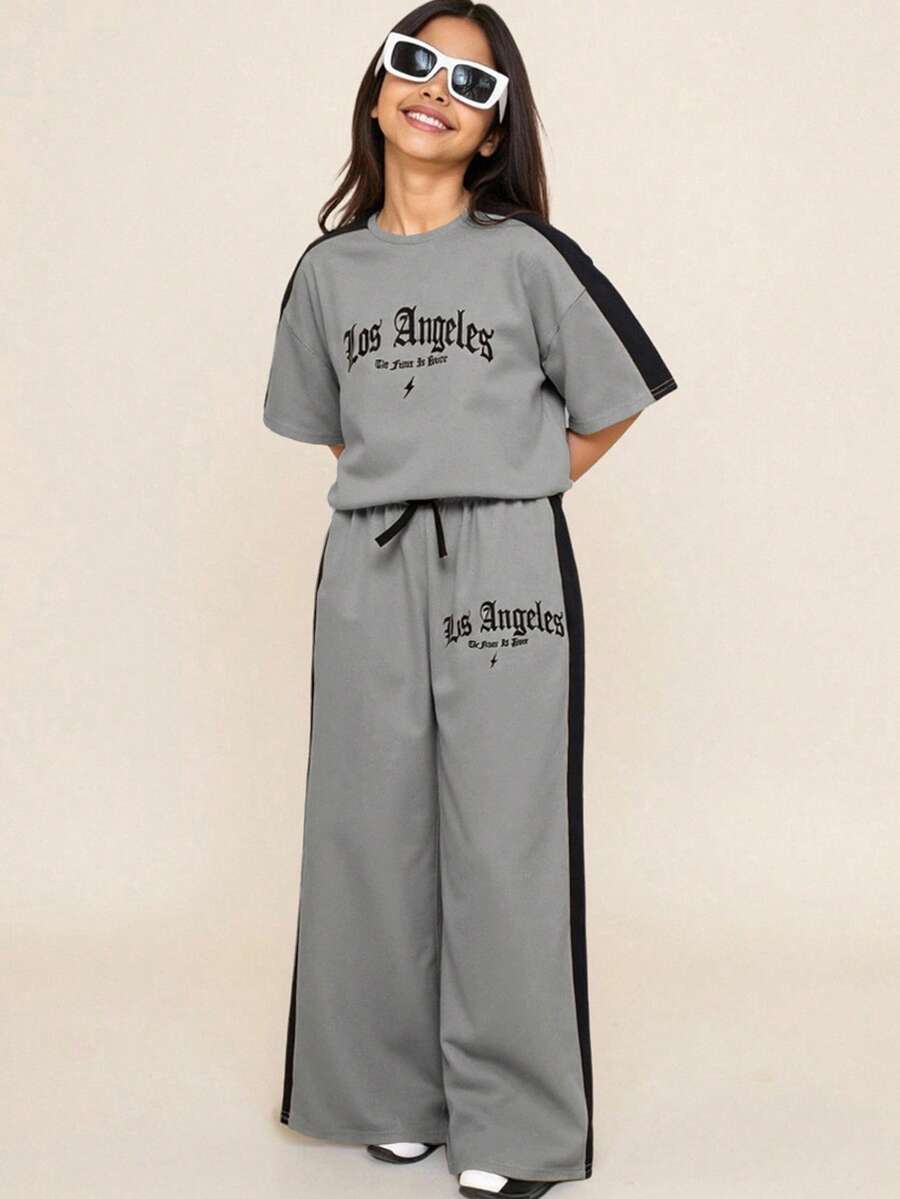 青少年女孩寬鬆休閒極簡舒適圓領套頭拼接色T恤與長褲套裝 - 灰色 - 查看 1