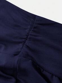 SHEIN Girlism Tween Girl Casual Fitted Light Blue Ruched Crew Neck Top And Ruched Flare Pants Set - Navy Blue - View 3