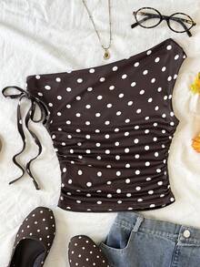 SHEIN Top de tirantes asimétrico con lunares para niña preadolescente - Caqui - Ver 2