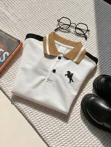 SHEIN 男婴夏季休闲可爱学院风拼色短袖 Polo 衫，适合生日派对、晚会、表演、婚礼、迎婴派对、一个月和一周岁庆祝活动 - 彩色 - 查看 4