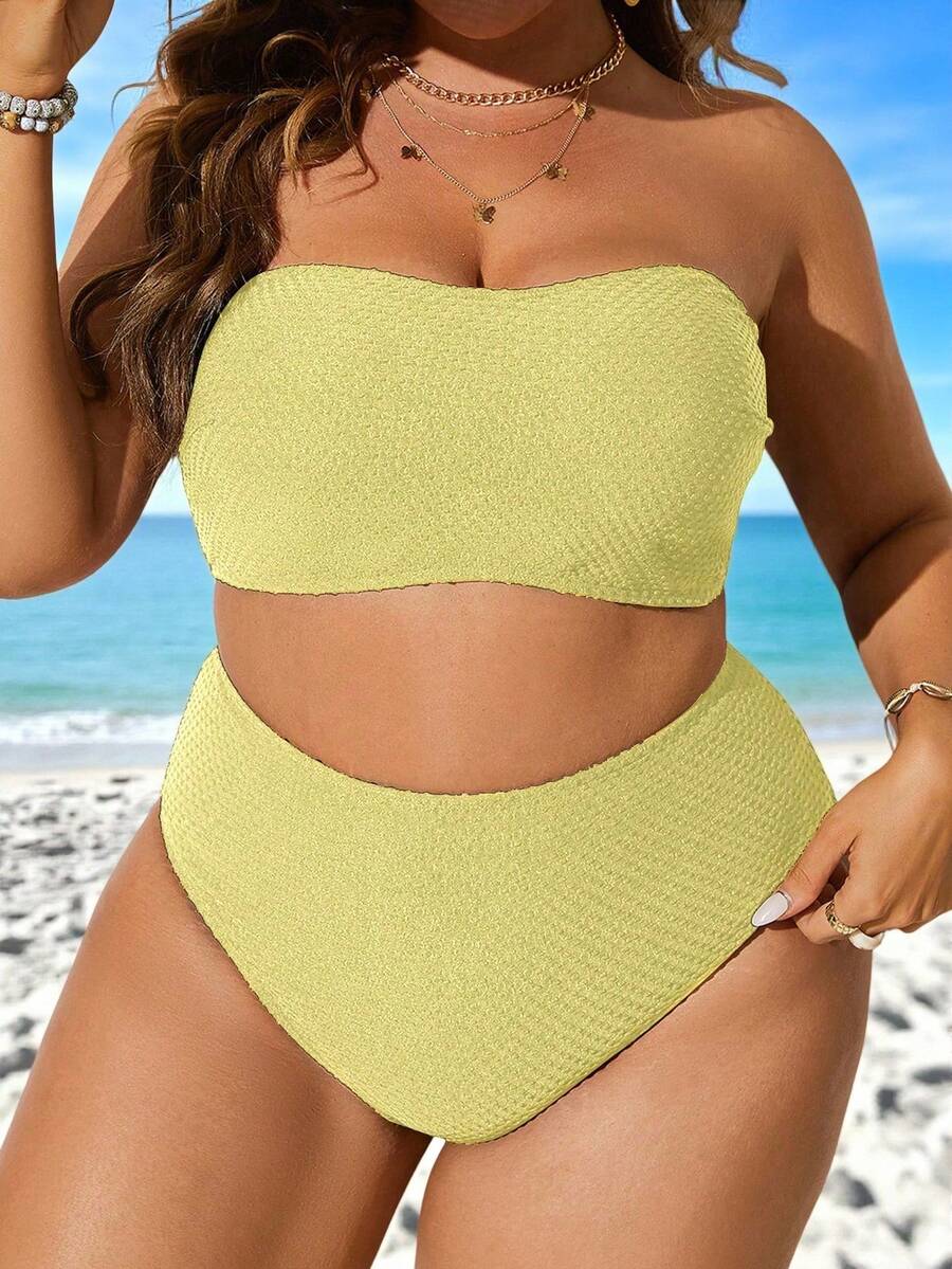 Swim Vcay Conjunto de bikini de unicolor talla grande, adecuado para vacaciones en la playa - Amarillo claro - Ver 1