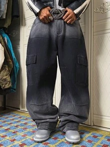 PAVTROS 男士街头时尚休闲多口袋拼接褶裥阔腿黑色牛仔裤 - 黑色 - 查看 6