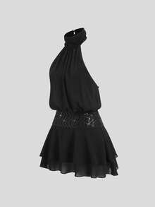 Sweetra 女士褶皱露背短款派对连衣裙 - 黑色 - 查看 3