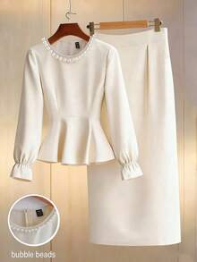 GlowEve 女士优雅珍珠纯色套装，适合春、秋、冬三季穿着。 - 杏色 - 查看 1