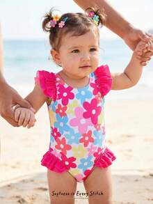 Cozy Pixies 女婴可爱碎花撞色荷叶边连体泳衣，夏季海滩度假休闲款 - 粉色 - 查看 6