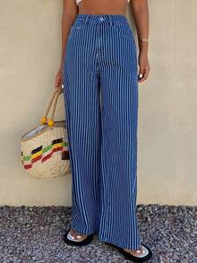 Jeans de pierna ancha de mujer con lavado y rayas casual - Azul lavado medio - Ver 5