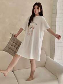 Dazy Plus Chemise de nuit ample à col rond imprimée d'un ours de dessin animé, blanche, vêtement d'intérieur confortable pour le printemps/l'été - Blanc - Voir 5