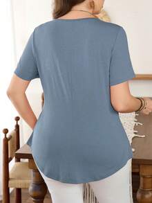 Lacomfia Plus Size Solid Color Short Sleeve Lace Trim Casual Knit T-Shirt - Blue - View 2