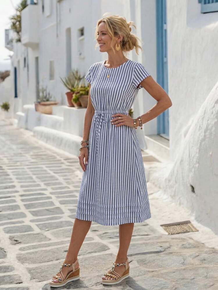 EMERY ROSE Robe décontractée pour femmes à col rond avec imprimé rayé et ceinture à la taille - Bleu et Blanc - Voir 4