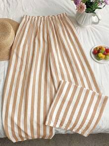 SHEIN EZwear 女士休闲条纹裤 - 卡其色 - 查看 2