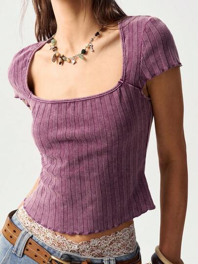 Bohemela Casual Solid Color Knit Convertible Collar Short Sleeve Fitted Washed T-Shirt For Women