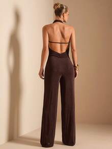 SHEIN BAE Women's Metal Clasp Decor Deep Draped Neck Jumpsuit, Spring/Summer - Brown - View 2