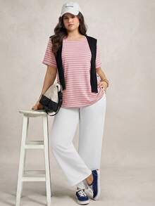 Zelara 大码圆领条纹印花短袖休闲日常秋季T恤旅行装机场穿搭 - 粉色 - 查看 3