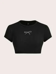 SHEIN EZwear 3件套休闲简约蝴蝶结樱桃印花紧身短款圆领短袖T恤，粉色/杏色/黑色，适合夏季 - 彩色 - 查看 7