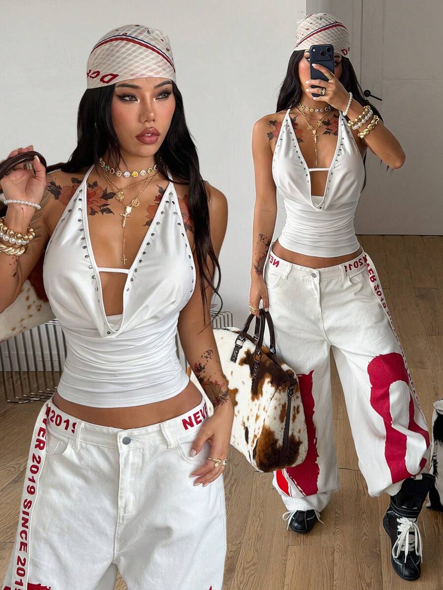 Coolane Women's Summer Western Wear Concert Streetwear Chic Y2K Casual Party  Music Festival Country Concert Stretchy White Cowl Neck Halter Top - White - View 1