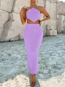 Breezaya Bộ đồ 2 món dành cho nữ: Áo thun cổ yếm vạt lệch và chân váy midi chất liệu dệt kim pha, thích hợp cho kỳ nghỉ thường ngày. - Màu tím hoa cà - Xem 5