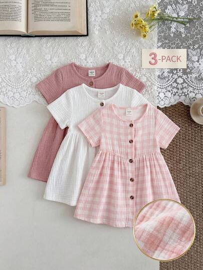 SHEIN 3 Pack Toddler Girl Baby Infant Kids SS Style Casual Gingham Plaid Solid Button Front Short Sleeve Round Neck Soft Thick Dresses Summer Outfits Clothes Set Skirt Gowns For Vacation Beach Wedding Party Spring Summer Dresses For Baby 3 Pack Toddler Girls Cute Vintage Style Baby Clothes Girl Button Front