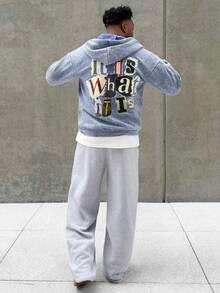 Heavens Edit Hemo, Autumn/Winter "Go With The Flow" Pattern Men's Hoodie Sweatshirt, Slightly Elastic Washed Distressed Cotton Fleece Long Sleeve Zip-Up Jacket, Casual Outdoor Daily Wear Back To School Season - Royal Blue - View 3