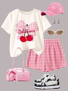 SHEIN Bộ 2 áo thun tay ngắn cổ tròn họa tiết caro và quả anh đào cổ điển dành cho nữ sinh trung học, phong cách tối giản, phù hợp cho mùa xuân/hè - Nhiều màu - Xem 3