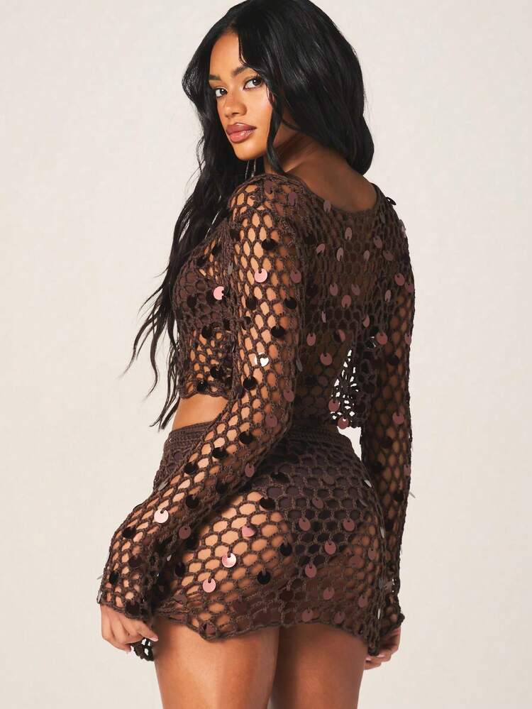 MISSGUIDED Women Sequined Mesh Cover Up Mini Skirt Fishnet Beach Party Outfit