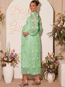 Loomaby Vestido de maternidad elegante con cuello redondo y mangas farol con decoración floral para mujeres embarazadas - Verde - Ver 2