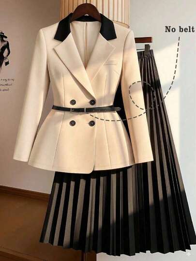 Franclia 女士优雅通勤撞色腰部 A 字西装外套和褶皱 A 字裙两件套，秋冬