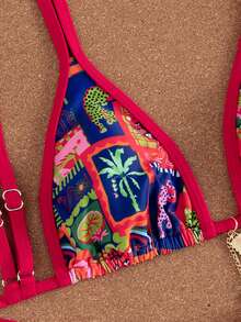 Swim Vcay 2pcs/Set New Random Print & Solid Color Adjustable Strap Sexy Elegant Bikini Swimwear Set, Suitable For Beach, Pool Party, Summer Vacation - Multicolor - View 4