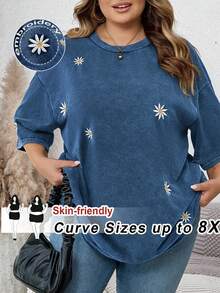 SHEIN CURVE+ 女士加大码圆领短袖宽松T恤，水洗雪花图案，带刺绣 - 藍色 - 查看 3
