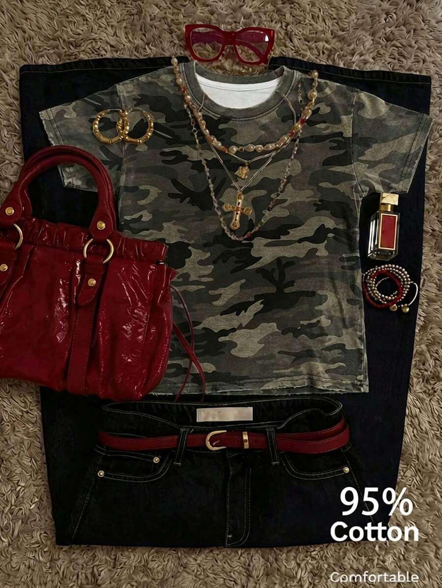 Attitoon 女士休闲复古短袖T恤，95%棉，迷彩印花，Y2K风格，日常穿着 - 彩色 - 查看 1