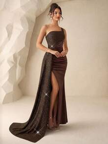 Coutiva Women's Sequin Sash Design Sleeveless Formal Evening Gown - Brown - View 5